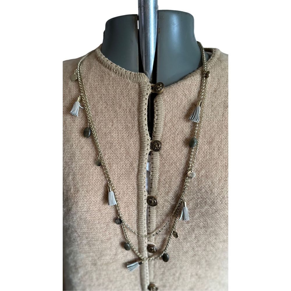 White House Black Market double gold chain with beige tassels and gold spheres